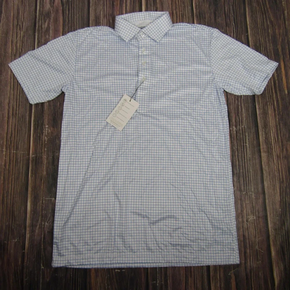 Collars & Co Polo Shirt Mens Medium White‎ Blue Check Dress Collar Golf Top